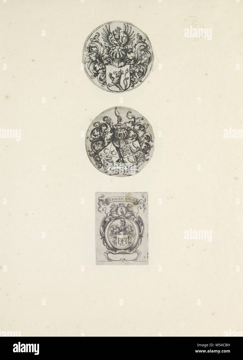 Three weapons, Three representations on an album page. Above a weapon with a half climbing lion. Below that is a weapon with a double shield. The right-hand part refers to the Coltermans family: a armored arm with a knife, a four-wheeled mill wheel, and a climbing lion. At the bottom the coat of arms of The Hague and a shield with the monogram DPT or HDPT, numbered 1. The prints are part of an album, armorial bearing, heraldry, anonymous, 1600 - 1699, paper, engraving, h 383 mm × w 310 mm Stock Photo