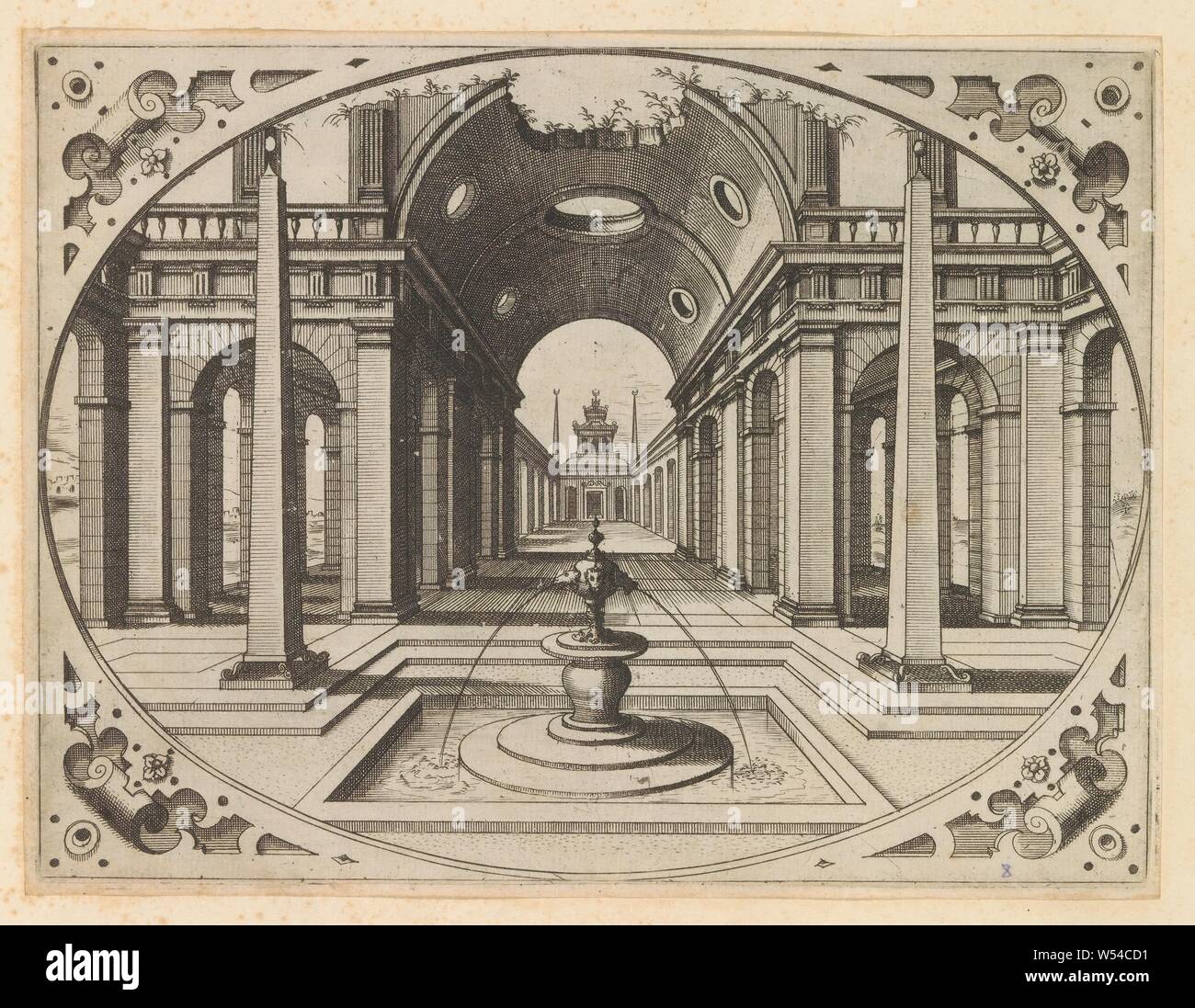 Portal with barrel vault and face in an arcades street Variae Architecturae Formae (...) (series title) Architectural perspectives in oval frames for intarsia (series title), Portal with barrel vault and face in a street with arcades. In the foreground a fountain in a square basin, flanked by two obelisks. In the corners rolling. The print is part of an album, architectural representations in general, ornamental fountain, Johannes of Lucas van Doetechum, Antwerp, after 1601, paper, etching, h 167 mm × w 220 mm Stock Photo