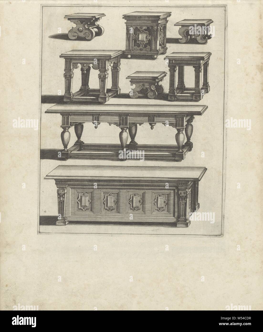Three taburets, three small and two large tables Various Schreinwercke / Plusieurs Menu series (series title), Three taburets or stools. In addition, three small tables. Two large tables at the bottom, the bottom one closed. The print is part of an album, table, anonymous, Keulen (possibly), 1658, paper, engraving, h 254 mm × w 206 mm Stock Photo