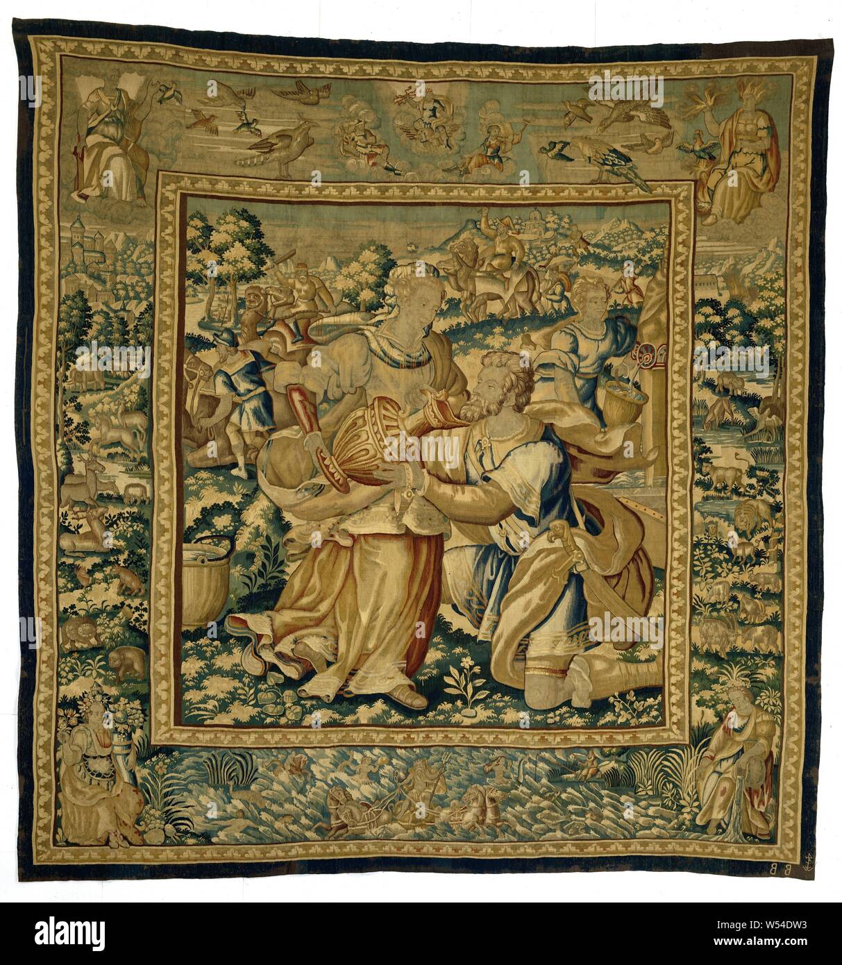 Rebekah and Eliezer at the well The history of Rebekka and Eliezer (series title), Tapestry with Rebecca drinking Eliezer (Gen. 24:18), from a series of tapestries with Rebecca's history and Eliezer (Gen.24) with edges with animals and in the corners the four elements, with the weaver brand of Willem de Kempeneere., anonymous, Brussels, c. 1575 - c. 1600, ketting, inslag, tapestry, h 305.0 cm × w 299.0 cm Stock Photo