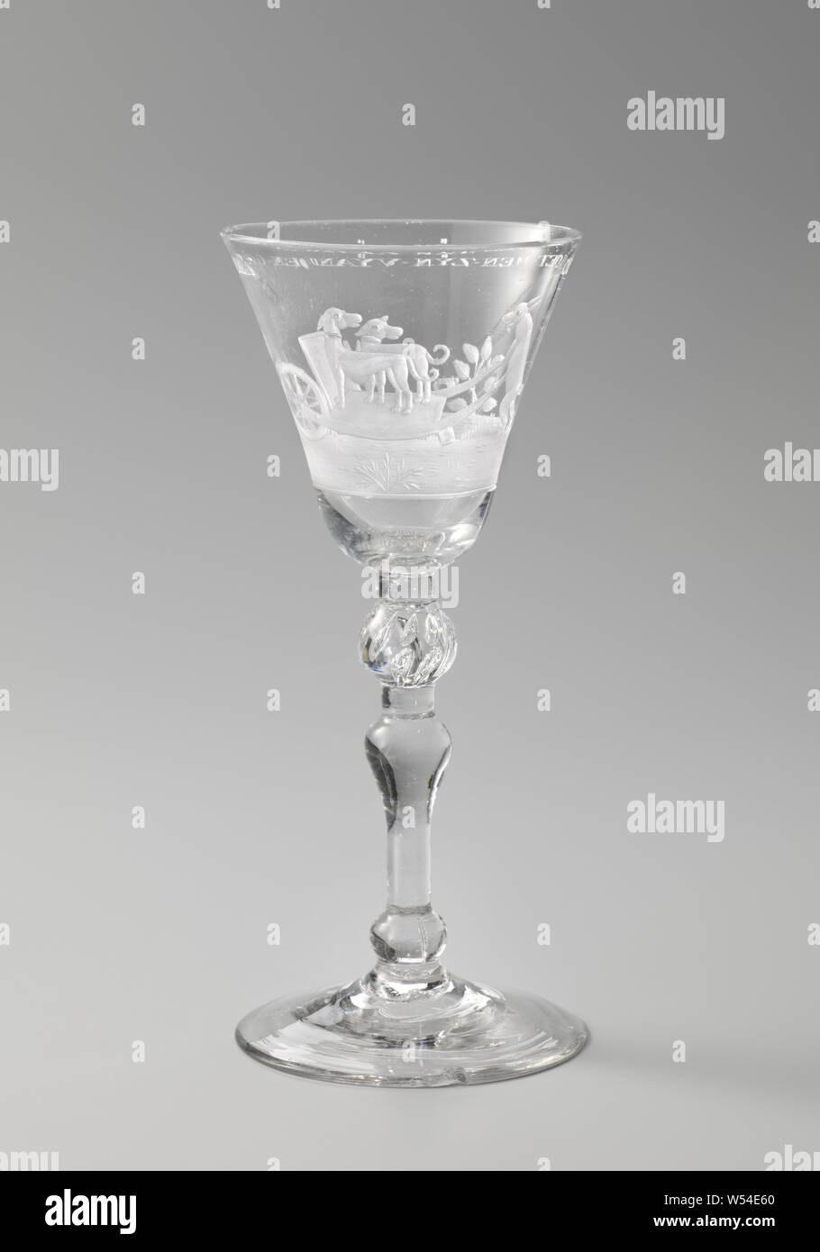 Wine glass with two dogs in a carriage drawn by two hares Goblet with two  dogs in a cart, propelled by two hares, Arched foot. Baluster stem with  knots, the upper one