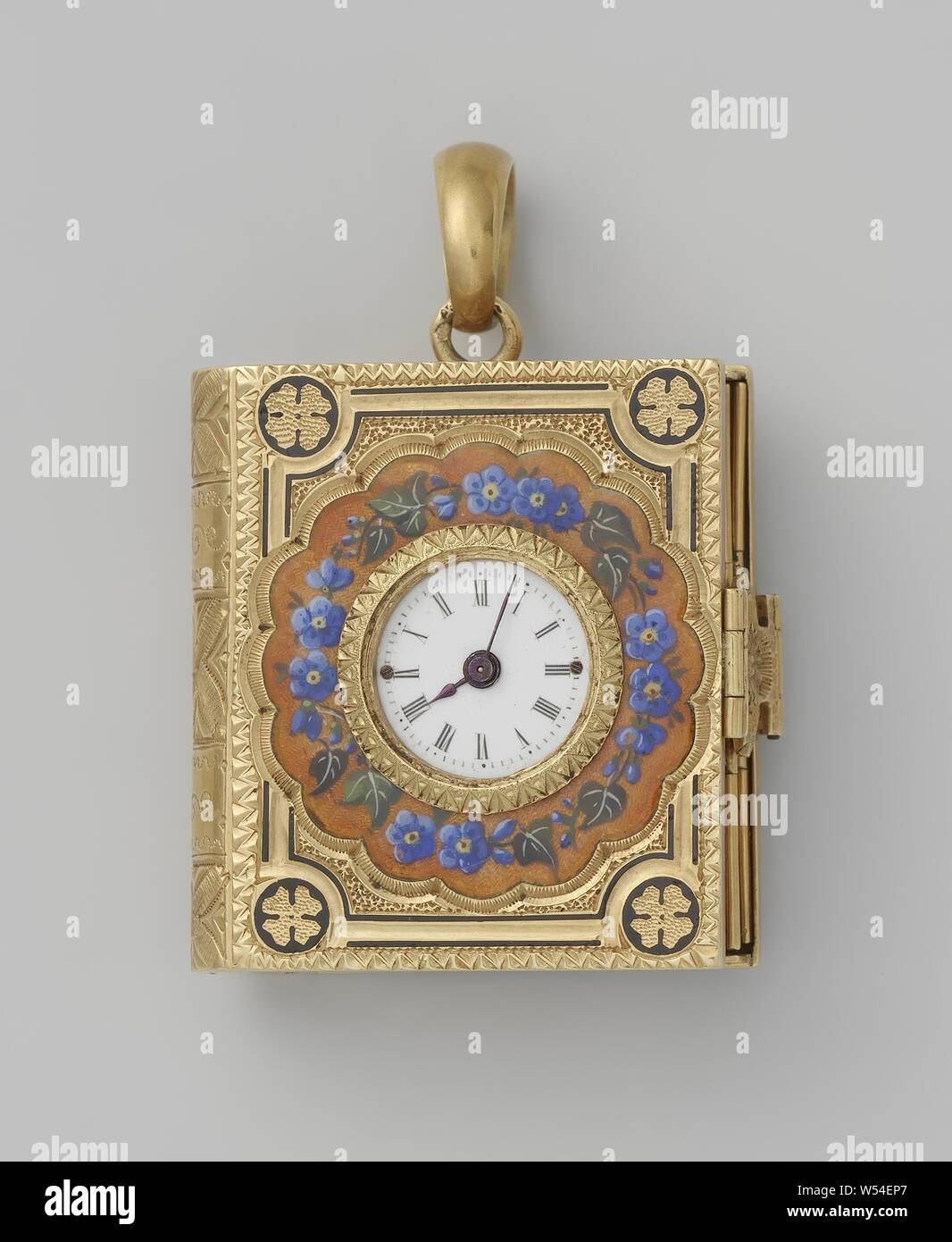 Watch in the shape of a book, Watch in gold in the shape of a book, with a small dial. In the book five golden frames for miniatures., anonymous, Switzerland, c. 1840 - c. 1860, gold (metal), h 1 cm × l 2.8 cm Stock Photo