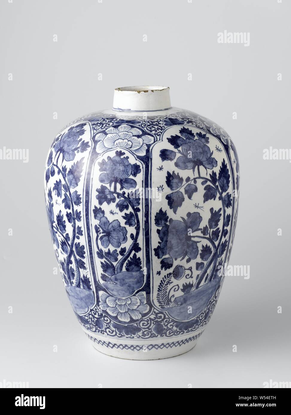 pottery jar, Canopian pottery, painted blue. Four broad and four narrow ...