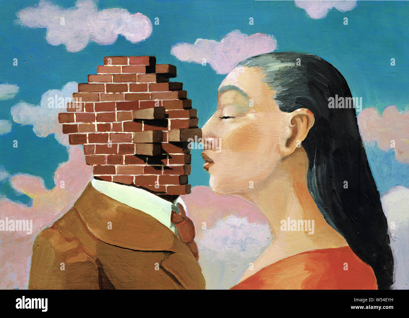 a woman kisses a man with allegory tones of the hardness of feelings surreal artwork acrylic painting Stock Photo