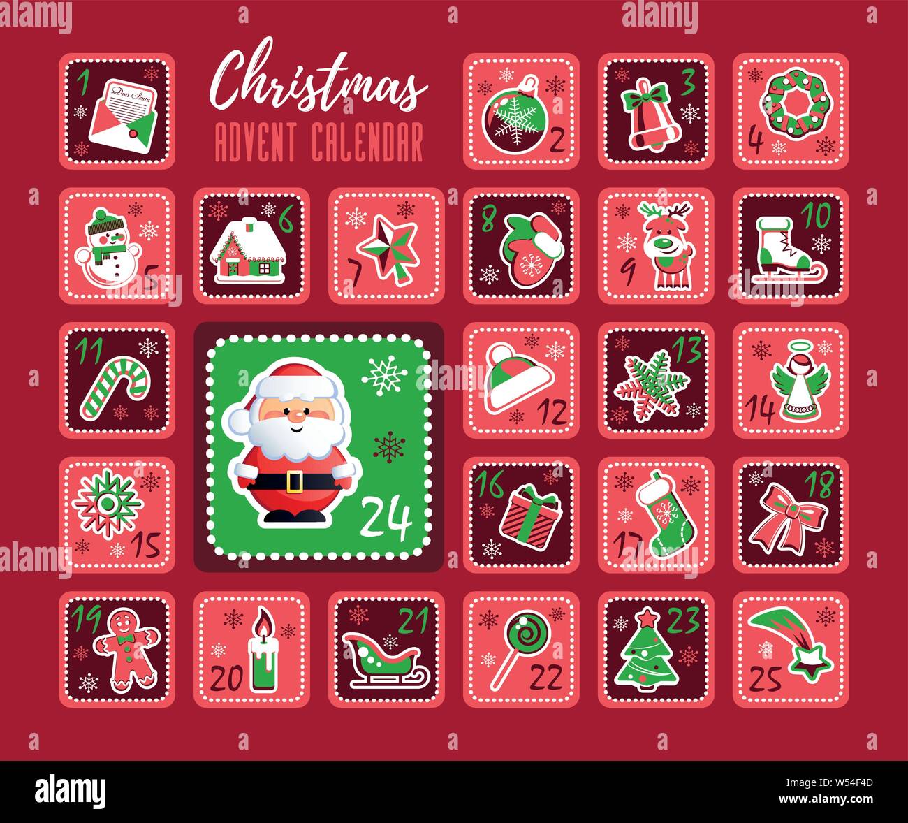 Christmas Countdown Advent Calendar With Cute Santa Claus And Christmas Decorative Icons Vector Illustration Without Transparency Stock Vector Image Art Alamy