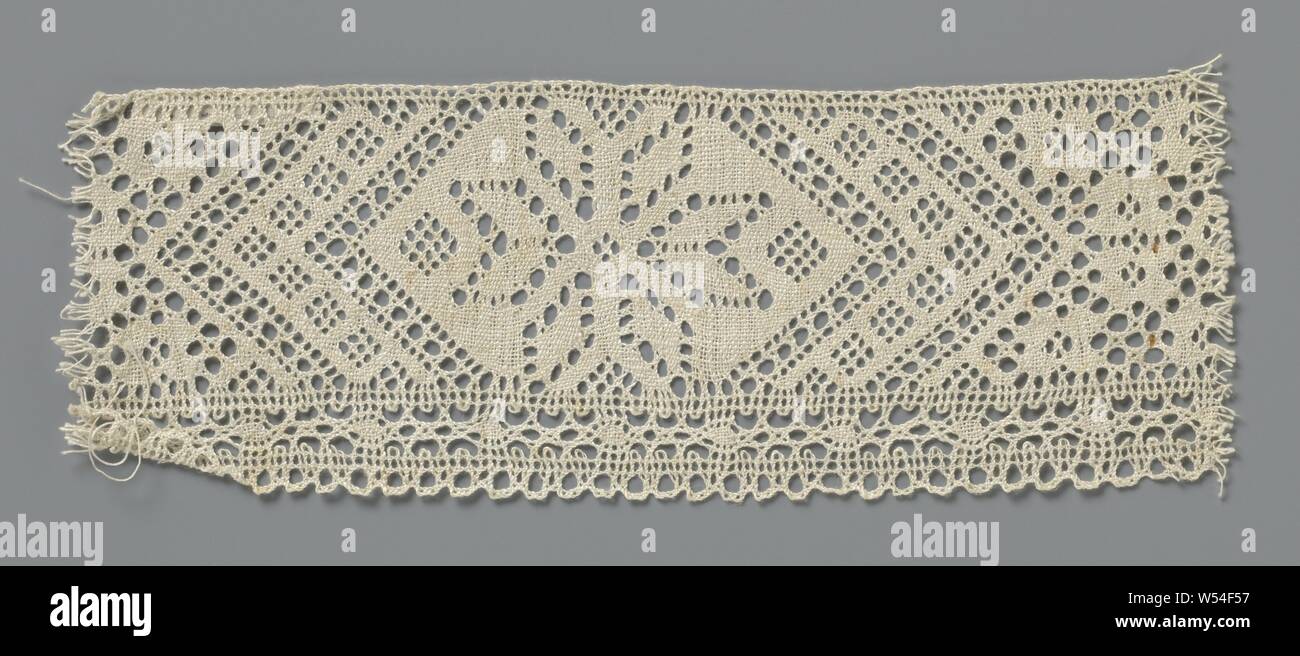 Strip of bobbin lace with star-shaped flower cut out in a flattened hexagonal field, Strip of natural-colored bobbin lace, Swedish lace. The strip is attached to pins on a light blue cardboard with seven other strips. At the top of the cardboard is' Laces From Skåne. Sweden. ' and under the strip, 'From Tosterup' is written on the cardboard. Tosterup is a castle in Skåne, located in the south of Sweden. The symmetrical pattern consists of a slightly flattened hexagonal field in densely worked linen, in which a star-shaped flower is made with recesses. To the left and right of the hexagon Stock Photo