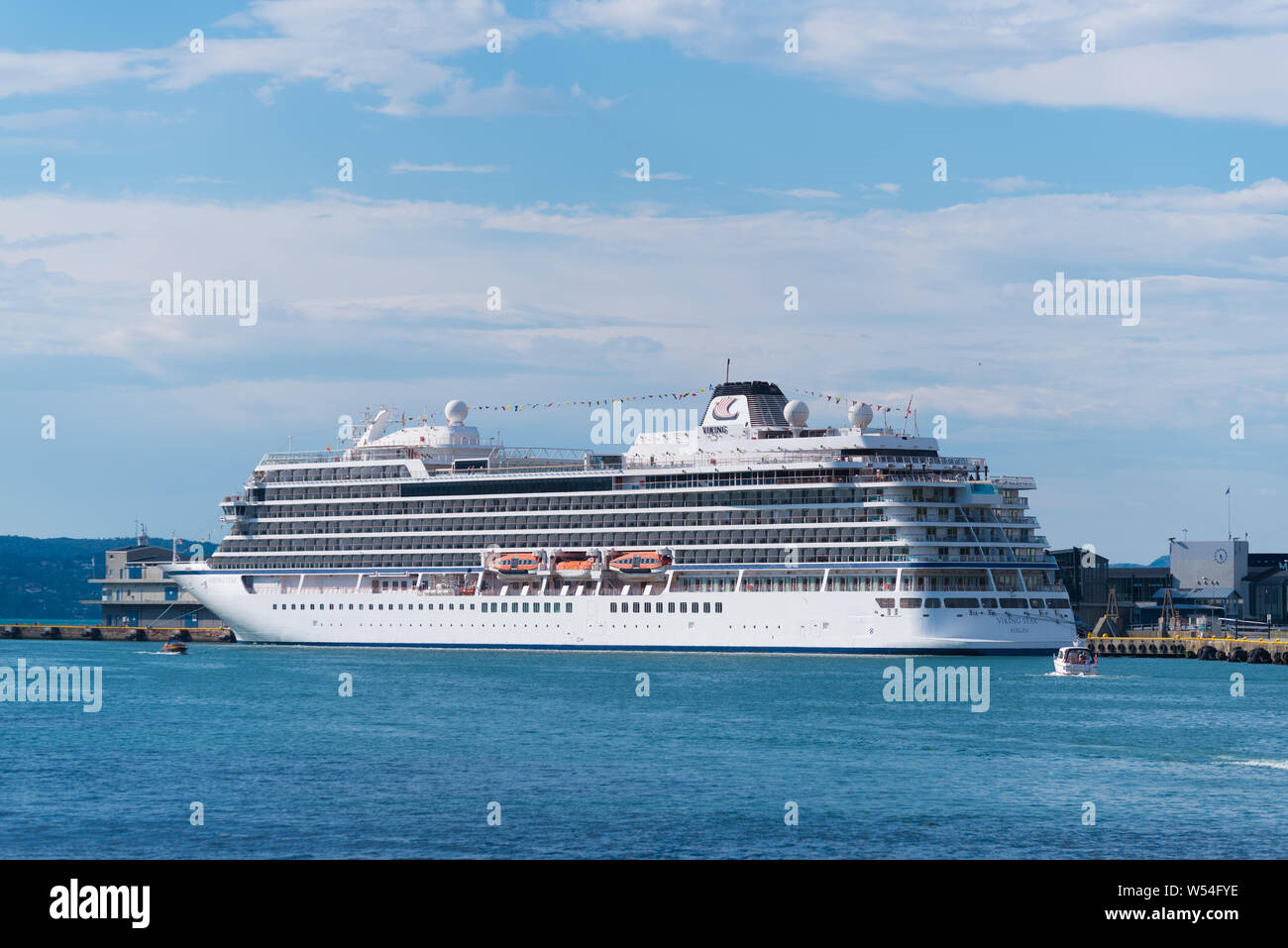 BERGEN, NORWAY - JULY 28, 2018: Viking Star cruise liner moored in the port of Bergen Stock Photo