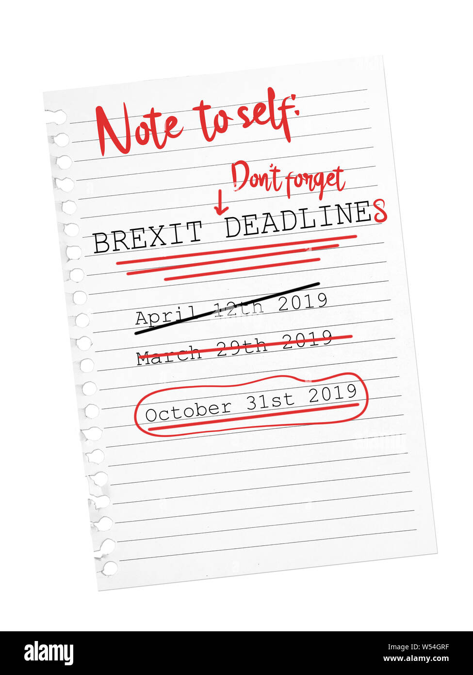 Reminder note Brexit October deadline. Torn sheet of paper. Stock Photo