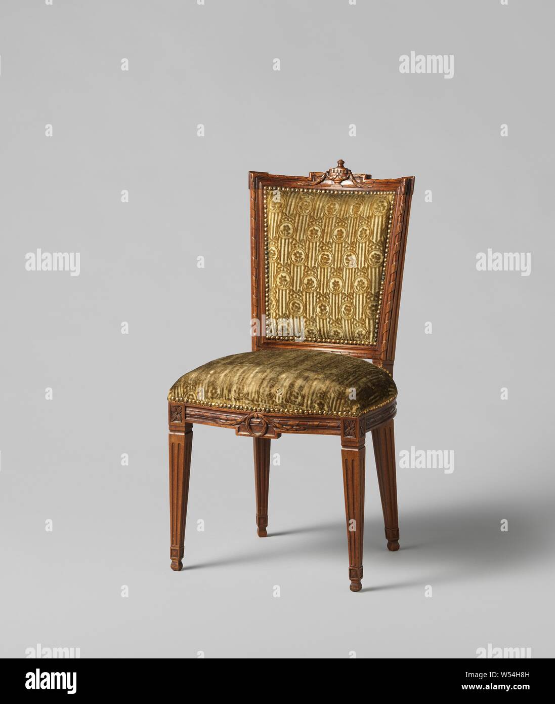 Mahogany wood chair covered with a continuous pattern of oval hanging  flowers with a flower on a striped ground, Mahogany wood chair covered with  a continuous pattern of oval hanging flowers with