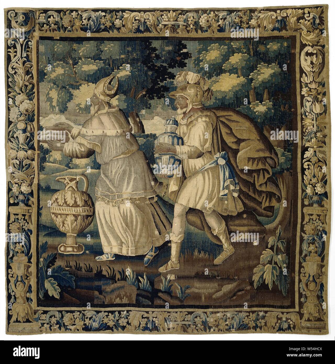 Melchisedek brings bread and wine, Tapestry with fragment of a performance of Melchisedek offering showbread and wine to Abraham., Monogrammist HD (wever) (workshop of), Aubusson, c. 1660 - c. 1690, ketting, inslag, tapestry, h 276.0 cm × w 272.0 cm Stock Photo