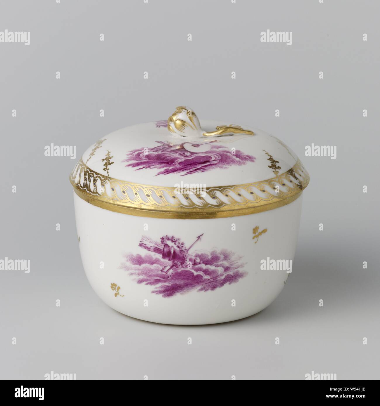 Sugar bowl with a putto on clouds, Porcelain sugar bowl, painted on the  glaze in pink (camaieu) and gold. On the wall a putto on a cloud with a  basket and on