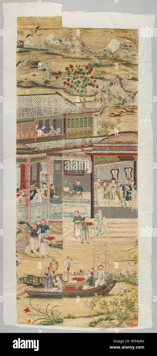 Fragment of a wall covering with painted Chinese genre scenes, Fragment of a wall covering, painted with Chinese genre scenes. In the foreground, a junk junkering with six men bringing presents. Behind it a staircase with children and men with gifts that leads to a terrace on which on the left a pavilion with spectators, while on the right a woman and man are standing, accompanied by servants with pajangs and lanterns. Left behind a pavilion with three watching women. Landscape background with two foxes (?) Chasing each other. Two Chinese, one clambering on a rock and the other chasing hares Stock Photo