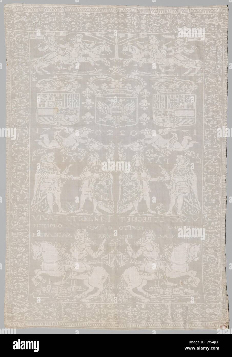 Napkin with Philip V, pretender for the Spanish throne, Napkin of linen damask with Philip V, contested pretender for the Spanish throne. Midfield: The symmetrical doubled pattern shows four scenes from bottom to top: 1 Rider with command staff, high allone wig. The averted horse prances and leaves a clear view of a city with towers on which crosses. Caption: VIVAT ET REGNET PHILIPPO QUINTO HISPANIAR REX. On the center axis a coat of arms with twill: the city of Kortrijk. 2 The sun king with a royal mantle adorned with fleurs de lys reaches out to his grandson Philip. Intermediate script: PAX Stock Photo