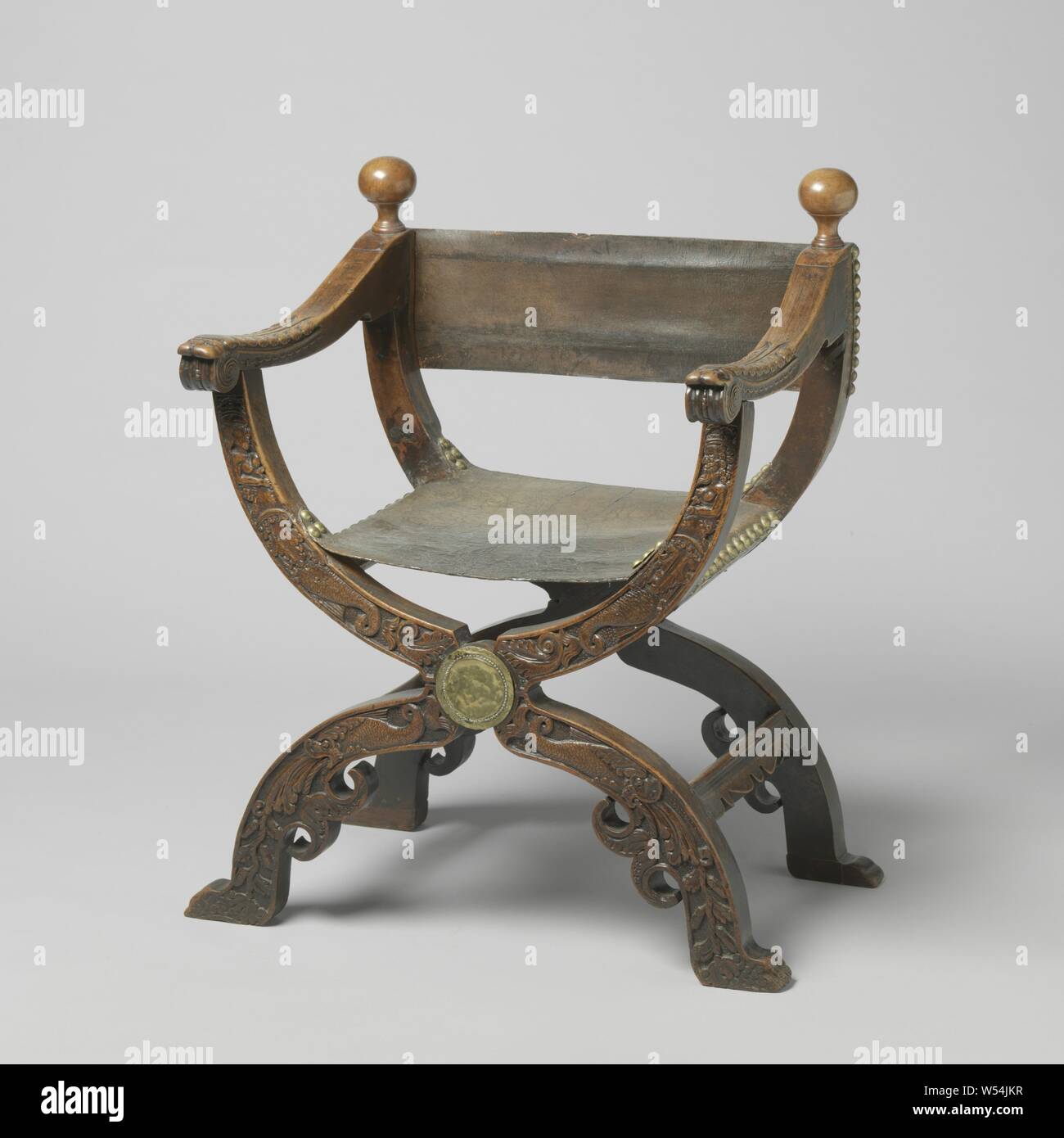 Folding Chair Made Of Walnut Covered With Leather On The