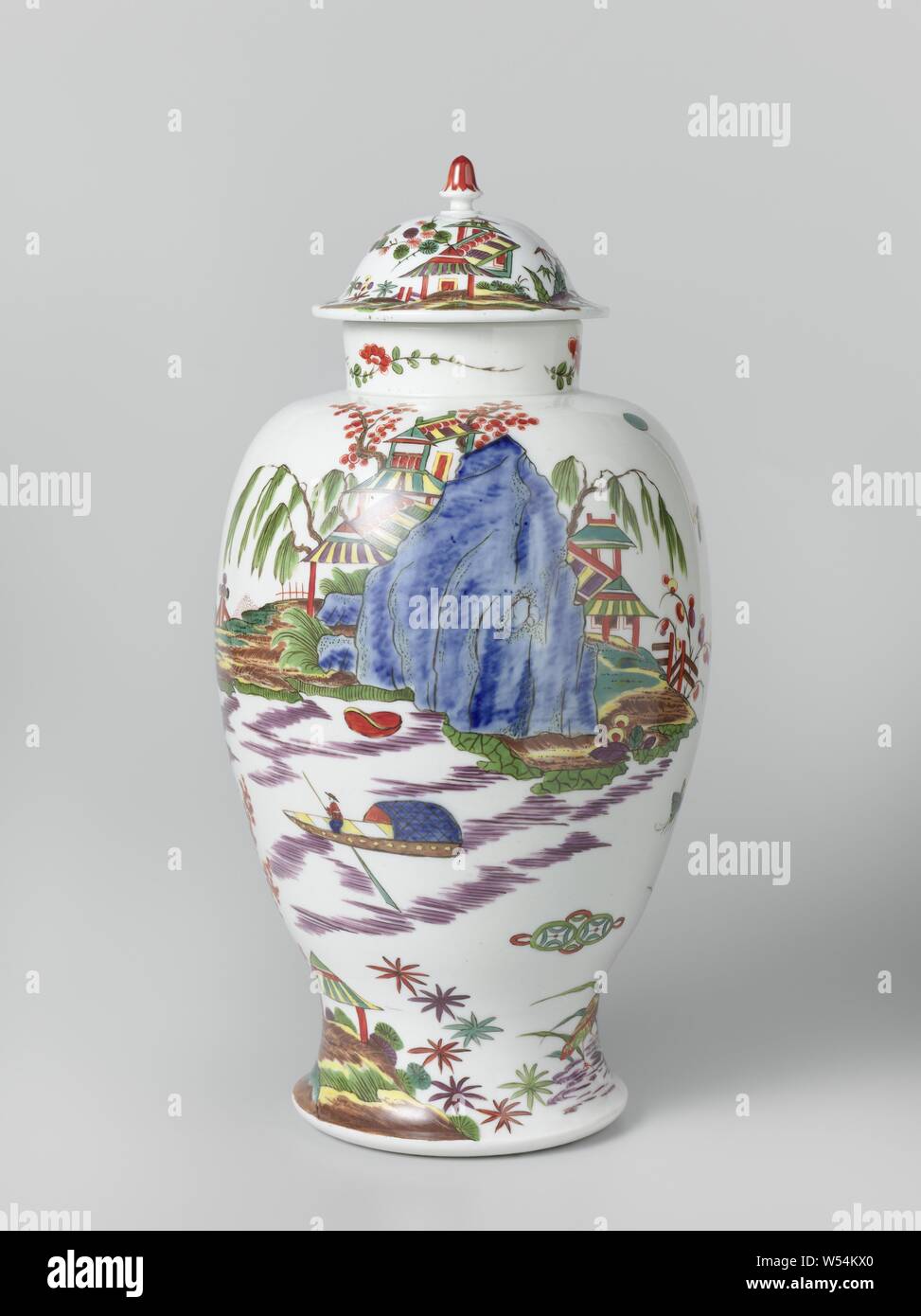 Lidded vase Vase with lid Vase with lid, multicolored painted with a  landscape after Chinese example, Vase of painted porcelain with an  outstanding foot and a curved lid with a knob. In