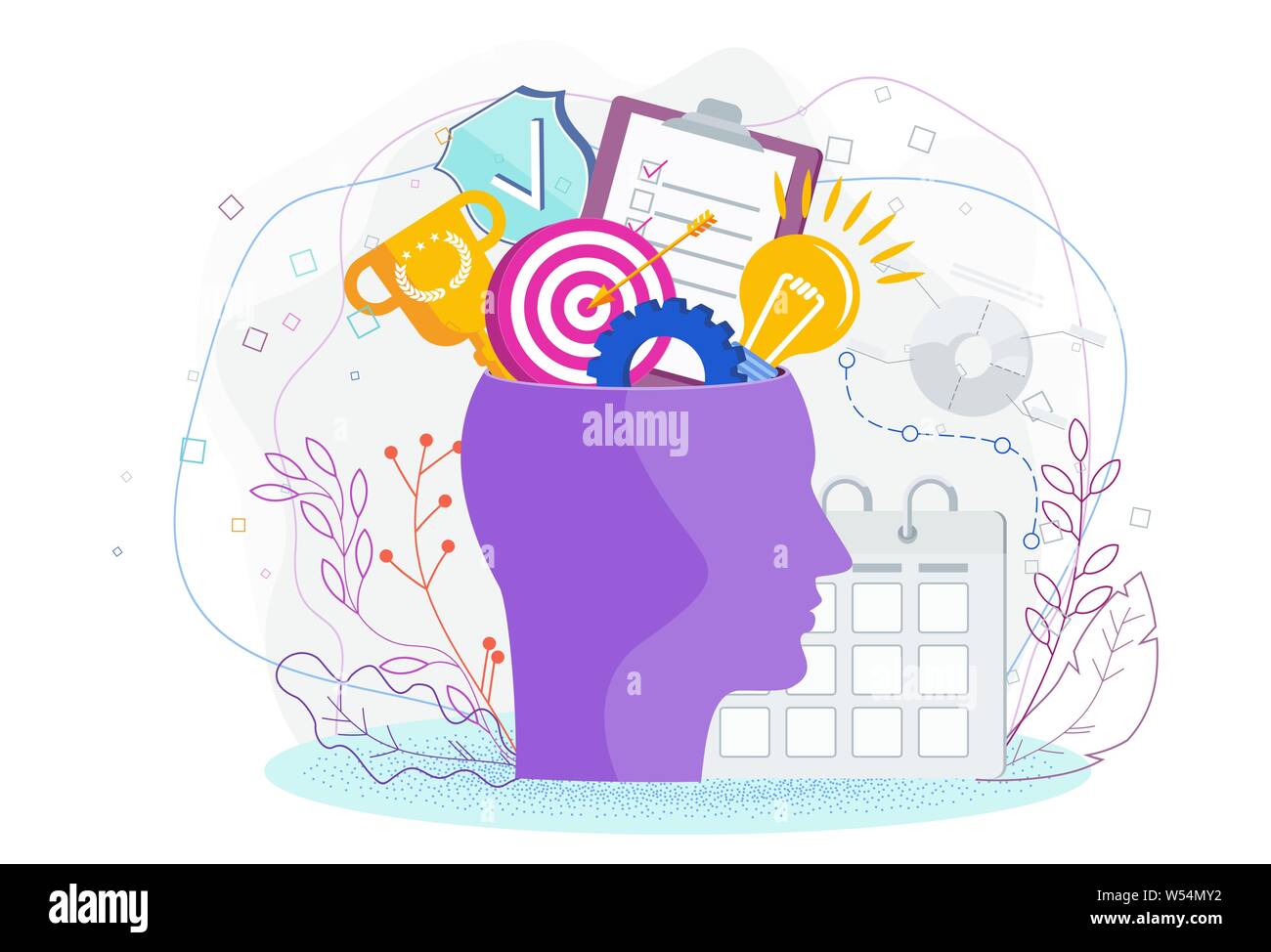 Human head with thoughts and ideas. Metaphor of brainstorm, creative inspiration Stock Vector