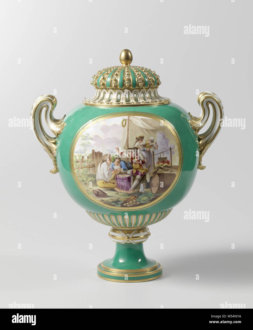 Vase (vase balloon), Vase with lid (vase balloon), Spherical vase of  multicolored painted porcelain, with a green background The vase stands on  one foot, has two curved, volute-shaped ears and a lid.