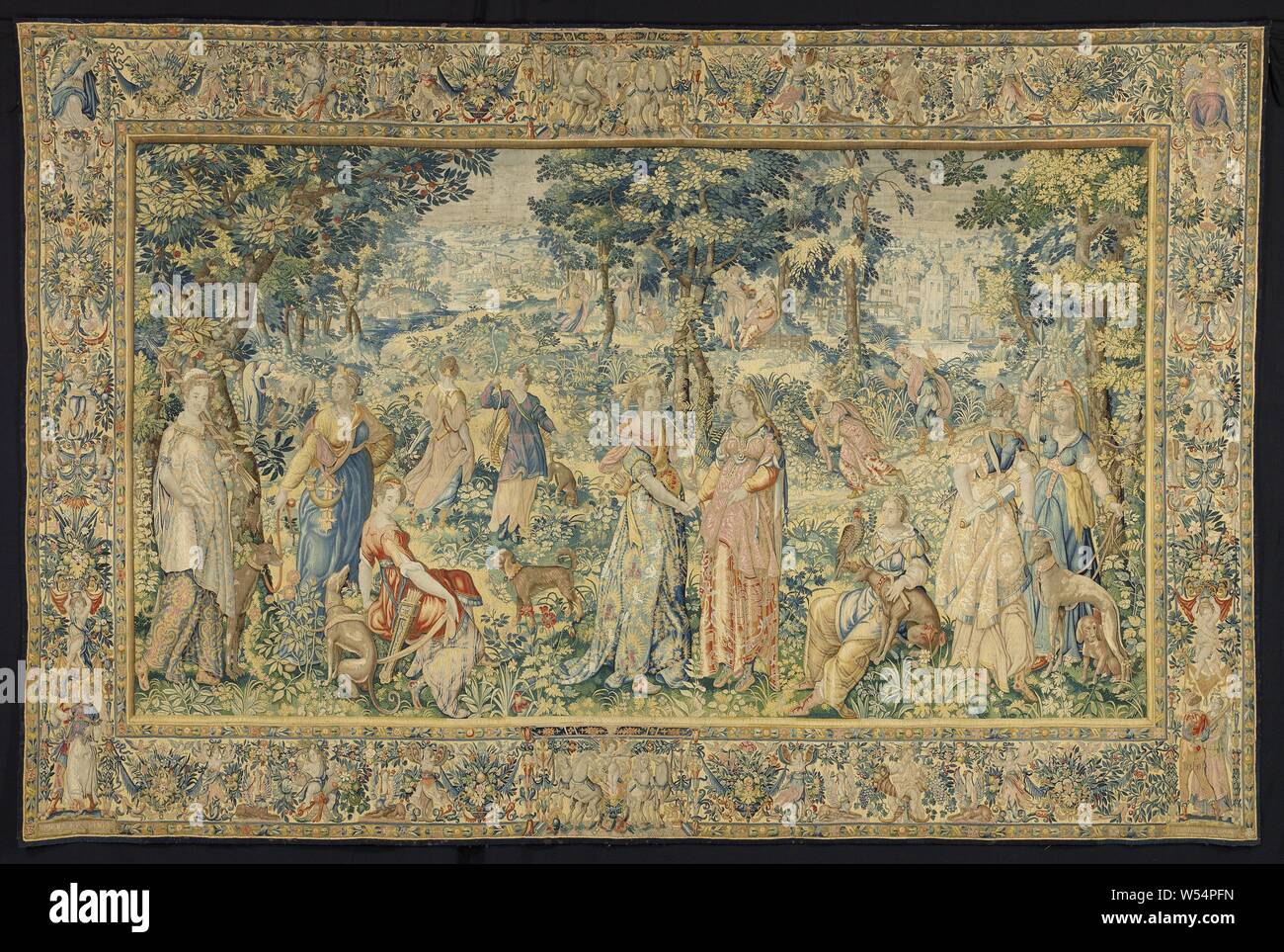 Cephalus and Procris Cephalus and Procris Tapestry with the history of Cephalus and Procris from the Diana series The histories of Diana (series title), Central are Diana, dressed in blue brocade from Lucca with white birds and lions as patrons, and Procis saying goodbye to each other before the latter returns to her husband Cephalus, who had accused her of infidelity and for which she had fled. The moments of seduction and flights are presented at the end in nature and on the second plan. The foreground is dominated on the left and right by elegantly dressed hunters with their hunting gear Stock Photo
