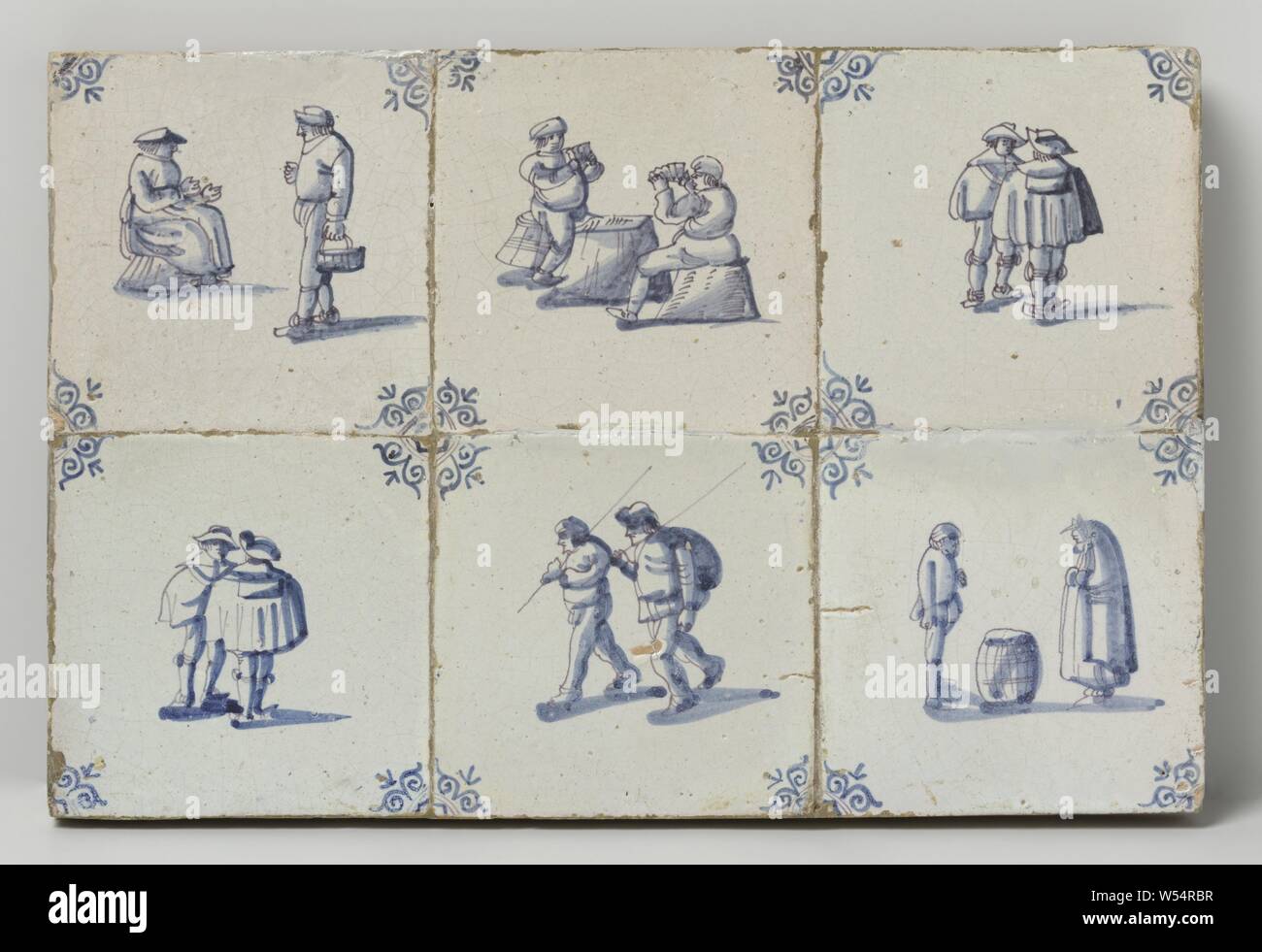 Field of six tiles with people and their activities, Field of six tiles (2 x 3) each with a blue and purple painted representation of two figures and their activities. In the corners, an oxhead., anonymous, Netherlands, c. 1625 - c. 1650, earthenware, tin glaze, h 25 cm × w 37.5 cm × d 2 cm Stock Photo