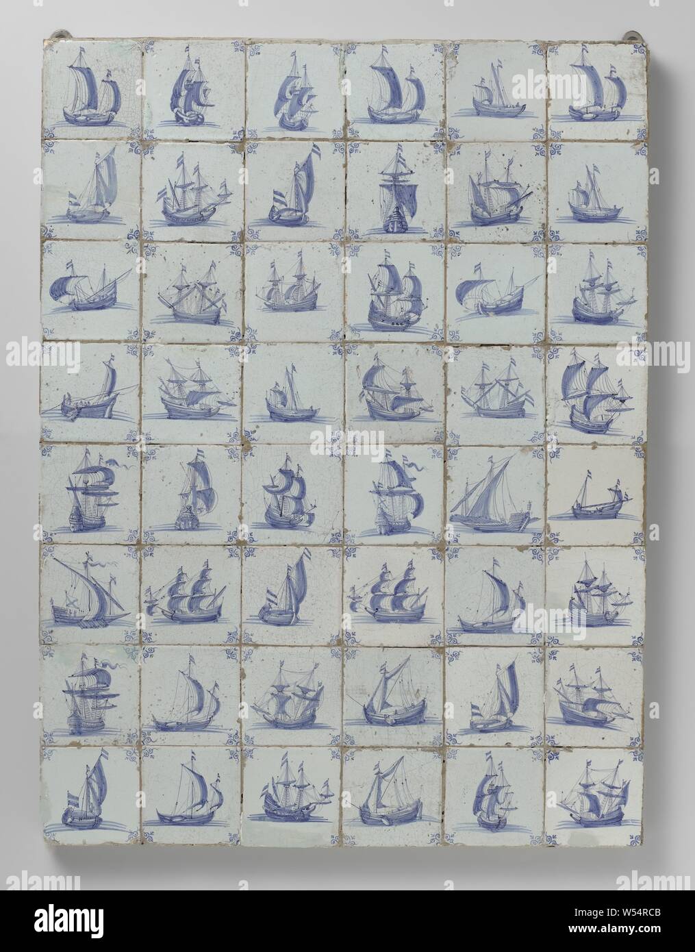 Field of forty-eight tiles with ships, Field of forty-eight tiles (8 x 6) each with a ship painted blue and purple. In the corners, an oxhead., anonymous, Netherlands, c. 1650 - c. 1680, earthenware, tin glaze, h 104 cm × w 78 cm × d 4.5 cm Stock Photo