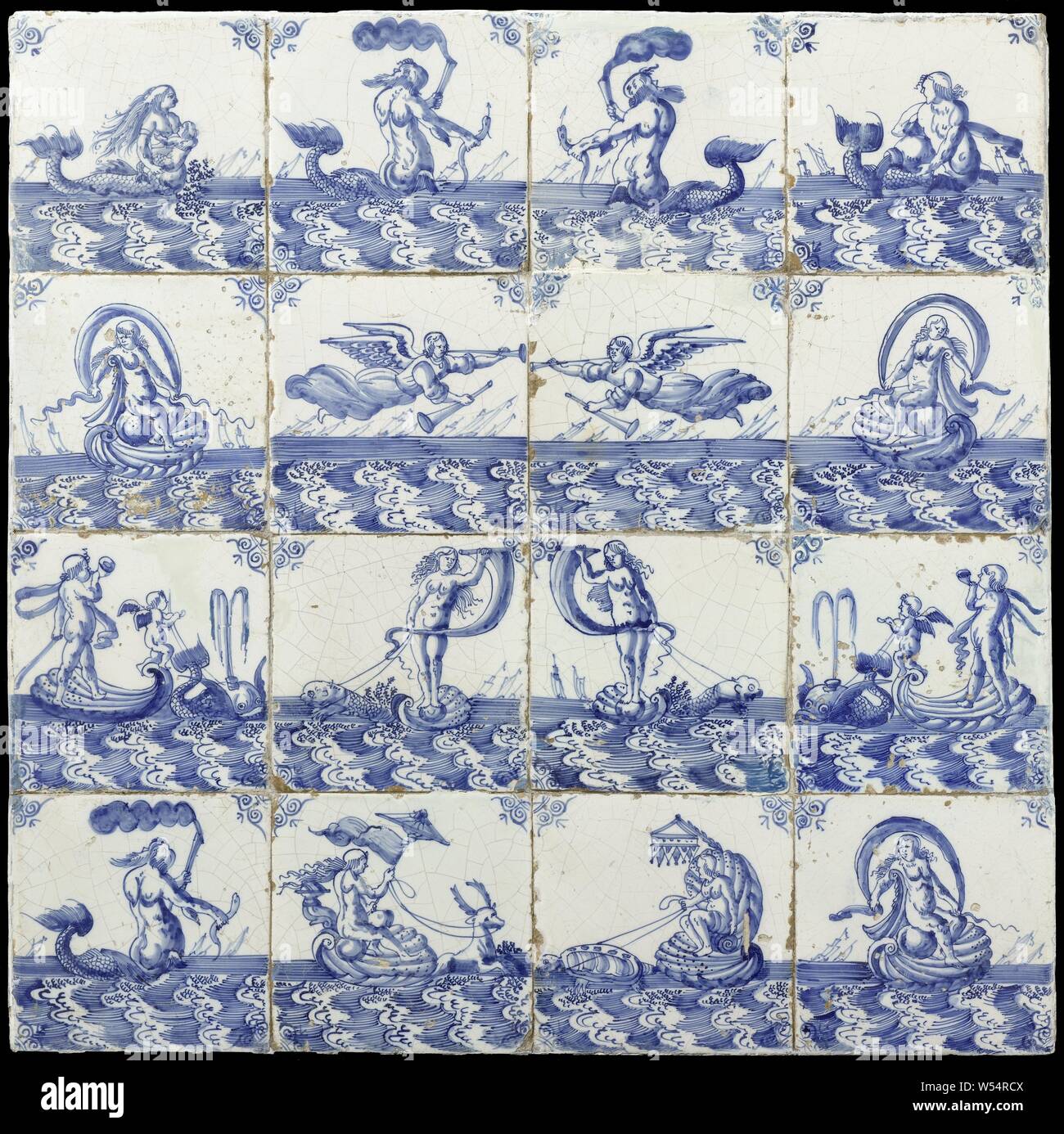 Field of sixteen tiles with sea creatures, Field of sixteen tiles (4 x 4) each with a blue painted sea creature and in the corners, an oxhead., anonymous, Harlingen, c. 1650 - c. 1680, earthenware, tin glaze, h 51 cm × w 51 cm × t 2.5 cm Stock Photo