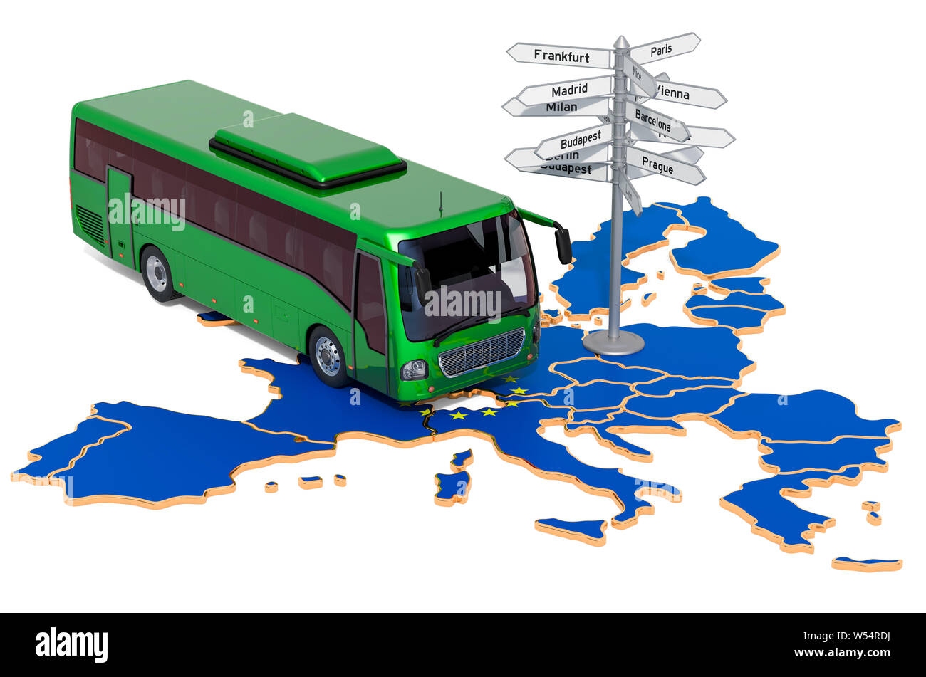 The European Union Bus Tours concept. 3D rendering isolated on white