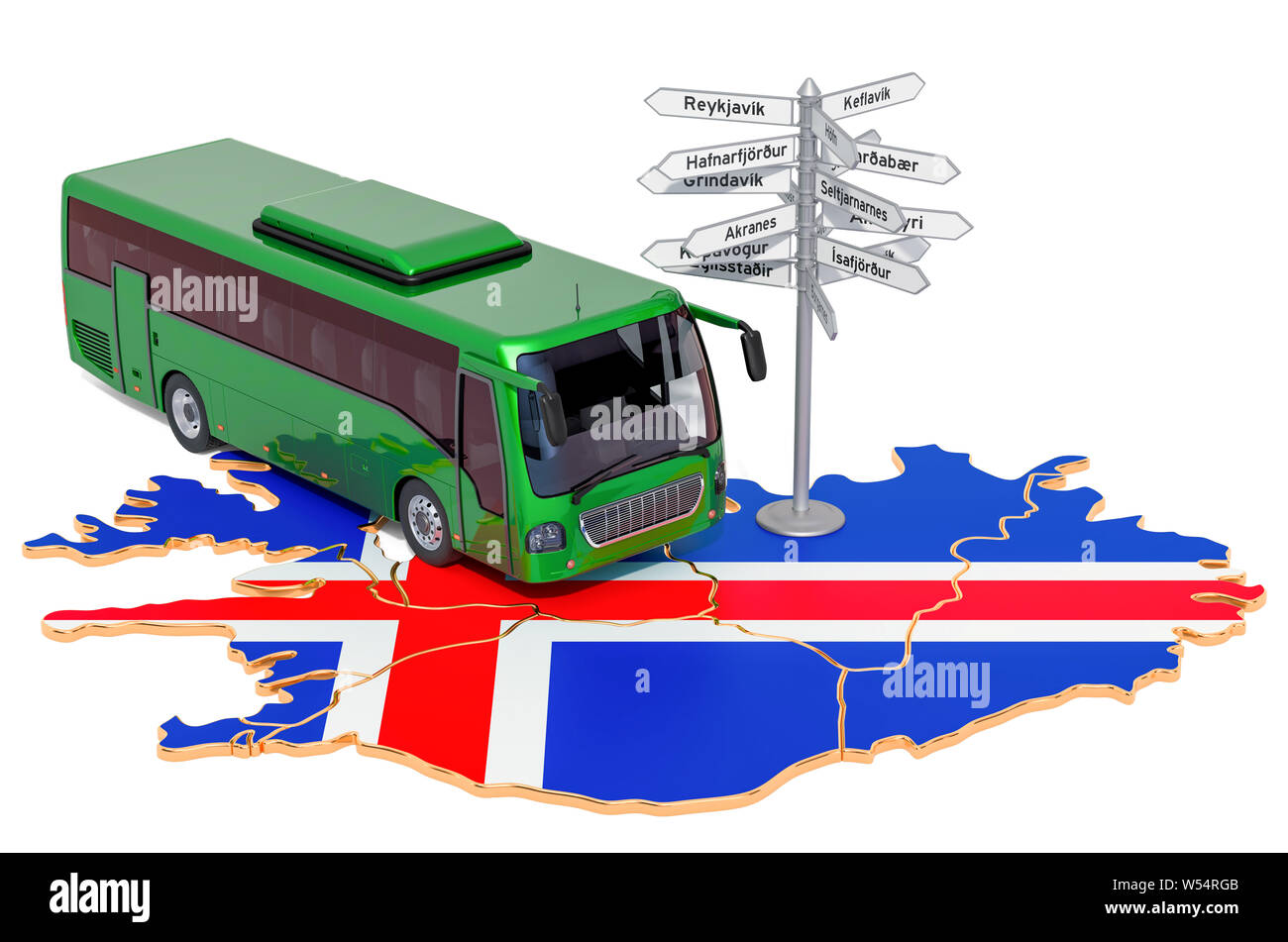 Iceland Bus Tours concept. 3D rendering isolated on white background Stock Photo
