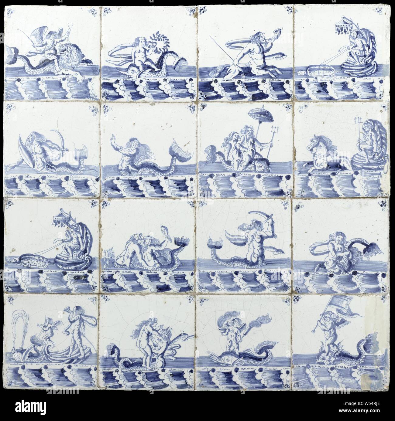 Field of sixteen tiles with sea creatures, Field of sixteen tiles (4 x 4) each with a blue painted sea creature. In the corners, a spider's head., anonymous, Netherlands, c. 1650 - c. 1700, earthenware, tin glaze, h 53 cm × w 53 cm d 2.5 cm Stock Photo