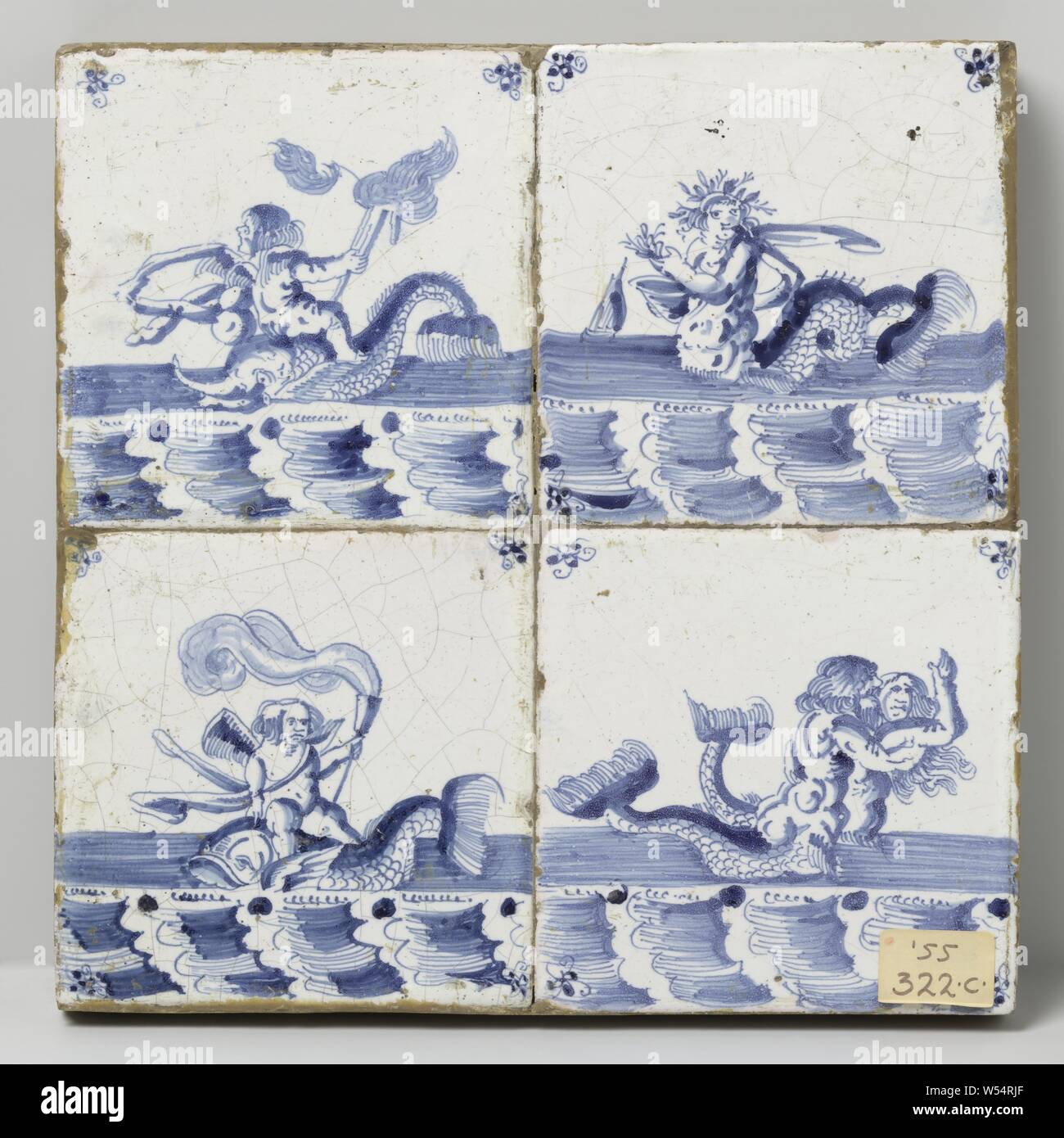 Field of four tiles with sea creatures, Field of four tiles (2 x 2) each with a blue painted sea creature. In the corners, a spider's head., anonymous, Netherlands, c. 1650 - c. 1700, earthenware, tin glaze, h 26.5 cm × w 26.5 cm × d 3 cm Stock Photo
