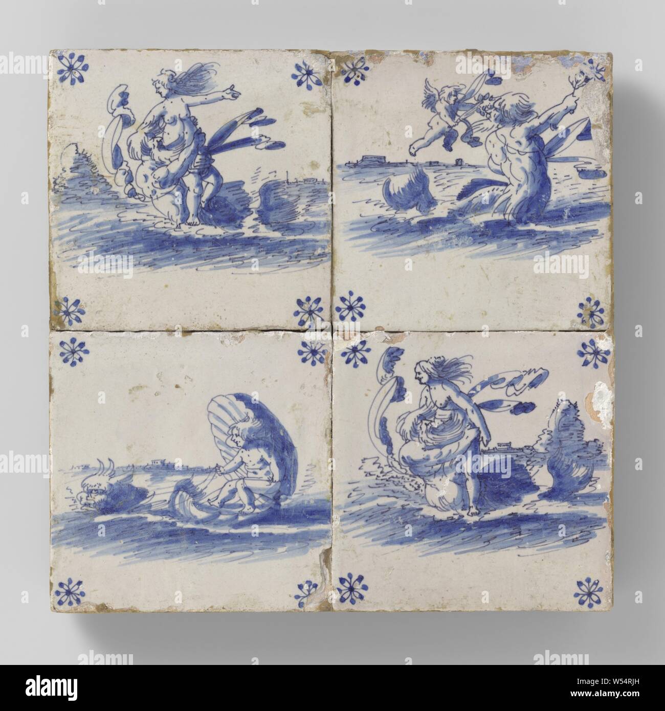 Field of four tiles with sea creatures, Field of four tiles (2 x 2) each with a blue and purple painted sea creature with a spider in the corners., anonymous, Harlingen (possibly), c. 1650 - c. 1700, earthenware, tin glaze, h 26.5 cm × w 26.5 cm × d 2.5 cm Stock Photo