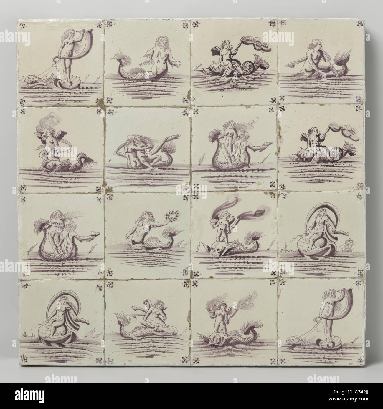 Field of sixteen tiles with sea creatures, Field of sixteen tiles (4 x 4) each with a purple painted sea creature with a spider in the corners., anonymous, Netherlands, c. 1680 - c. 1750, earthenware, tin glaze, h 52 cm × w 52 cm × d 2.5 cm Stock Photo