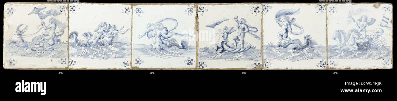 Field of six tiles with sea creatures, Field of six tiles (1 x 6) each with a blue and purple painted sea creature with a spider in the corners., anonymous, Harlingen (possibly), c. 1650 - c. 1700, earthenware, tin glaze, h 13 cm × w 76 cm × d 3 cm Stock Photo