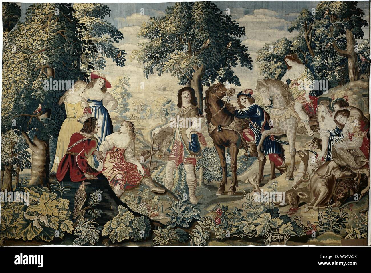 Rest in the woods The English yachts (series title), Tapestry with hunting party with loot. Left a group of four people: three women, resp. dressed in yellow, blue and floral red and a man in red clothing. In the center is a hunter, hanging with a heron, furthermore a looking horse with a man who is just stepping out of the stirrup, followed by an apple mold with an amazon coming from a high hill. To the right, surrounded by dogs, lie a pig, a deer, hares and birds on top of each other, over which a group of three people bend: between two women, in blue and red, a man wraps his arms around Stock Photo