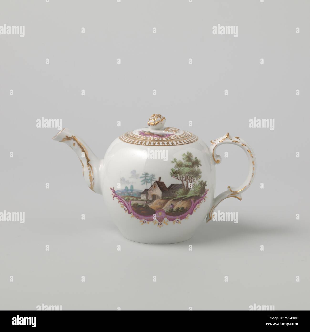 Cover of a teapot with two landscapes, Cover of a porcelain teapot, painted on the enamel in enamel colors and gold. Decorated with twice a landscape, including a rocaille band. A decorative band on the edge. Cover button in the shape of a flower branch., Fürstenberg, c. 1765 - c. 1775, porcelain (material), glaze, gold (metal), vitrification, h 2.6 cm d 5.1 cm Stock Photo