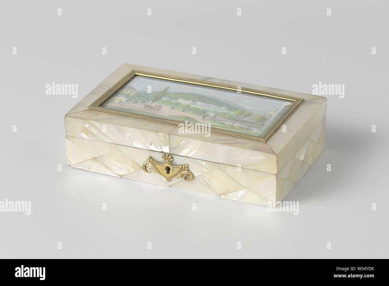 Sewing kit in mother-of-pearl box, Sewing kit in rectangular mother-of-pearl  box, with behind the glass lid a gouache with a cityscape with caption:  Weilburg bey Baden, inside a bobbin, a pair of