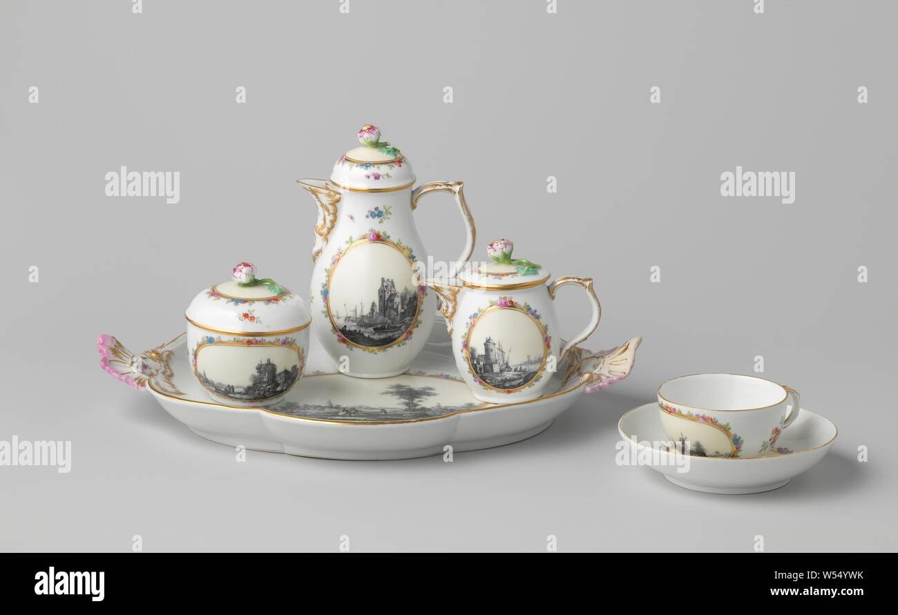 Tea and coffee service (solitaire) with a landscape and flower sprays