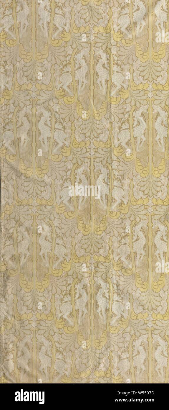 Curtain of printed cretonne with deer, Curtain of printed cretonne with deer in yellow and soft brown tones on natural colored ground. Edged on the inside with bullion and fitted with metal rings., Michiel Duco Crop, Helmond, c. 1900, linen (material), metal, printing, h 173.0 cm × w 120.0 cm Stock Photo