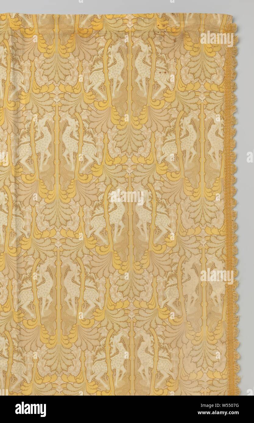 Curtain of printed cretonne with deer, Curtain of printed cretonne with deer in yellow and soft brown tones on natural colored ground. Edged on the inside with bullion., Michiel Duco Crop, Helmond, c. 1900, linen (material), metal, printing, h 173.0 cm × w 120.0 cm Stock Photo