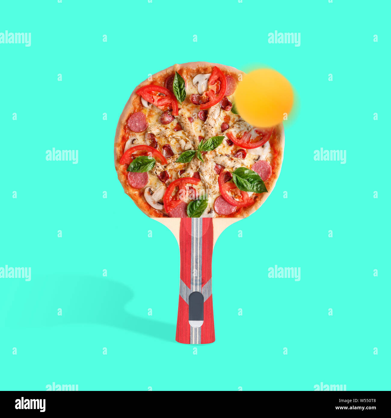 Eating playful. Fast food. Tennis racket as a pizza with tomatos on blue  background. Negative space to insert your text. Modern design. Contemporary  art. Creative conceptual and colorful collage Stock Photo -