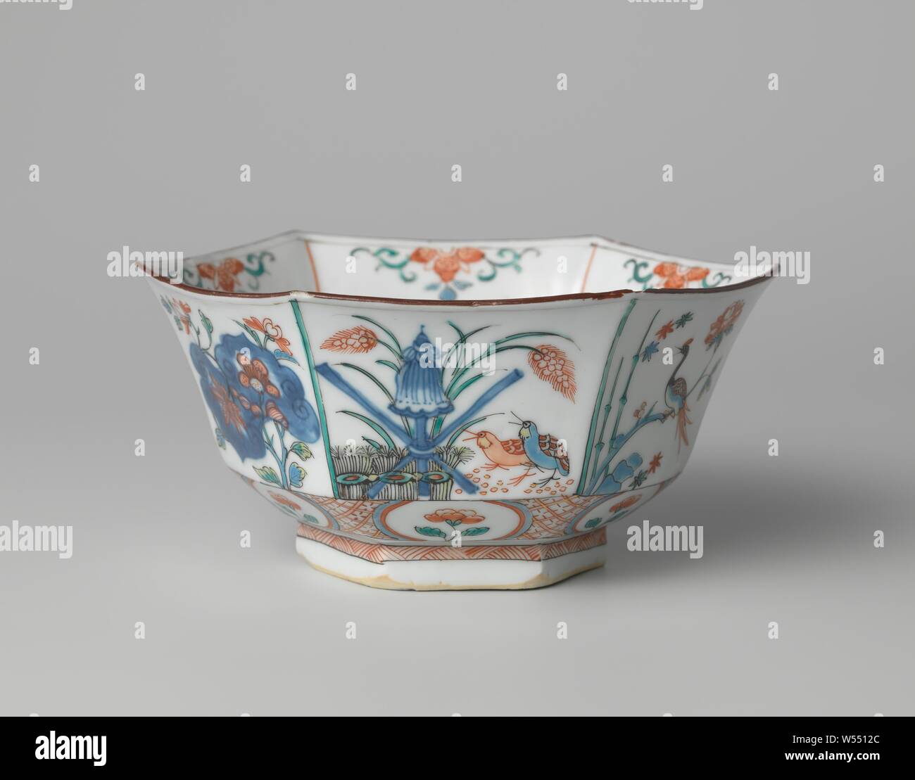 Hexagonal Bowl With Flowering Plants Birds And Floral Scrolls