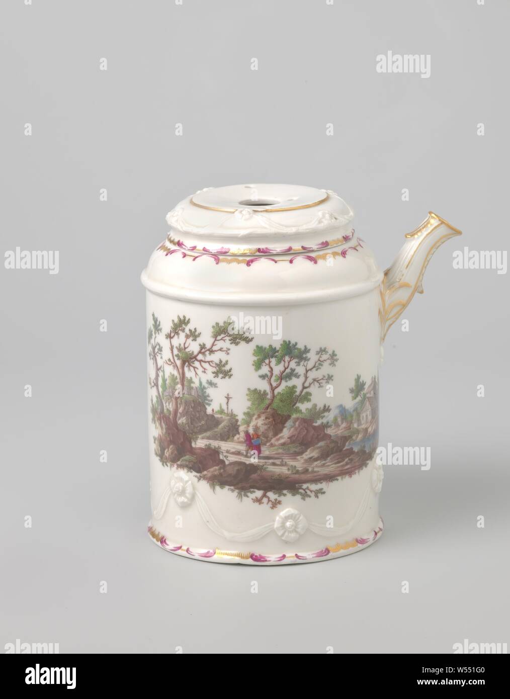 Chocolate pot with a landscape and garlands, jug or pot (chocolate jug) of porcelain with a cylindrical body, round shoulder and curved spout with the base of a handle at right angles. Painted on the enamel in enamel colors and gold. On the wall a river landscape with a building and people walking along a path where a crucified person hangs. Below a flower garland in relief. A profile on the shoulder. The foot and shoulder with a band of seed beads. The spout and the ear are modeled in leaf vines and flowers. Handle is missing. Marked on the bottom with the crowned double C and 3 Stock Photo