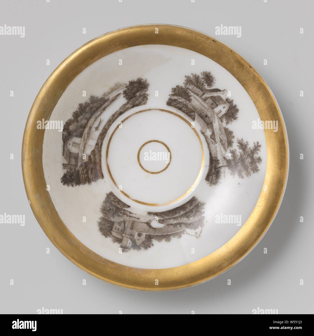 Saucer with landscapes, Porcelain dish, painted on the glaze in black and gold. On the shelf a double, gold medallion. The wall with three landscapes with rivers, boats and buildings. Gold border., anonymous, Europe, c. 1850, porcelain (material), glaze, gold (metal), vitrification, h 2.4 cm d 14.6 cm d 8.3 cm Stock Photo