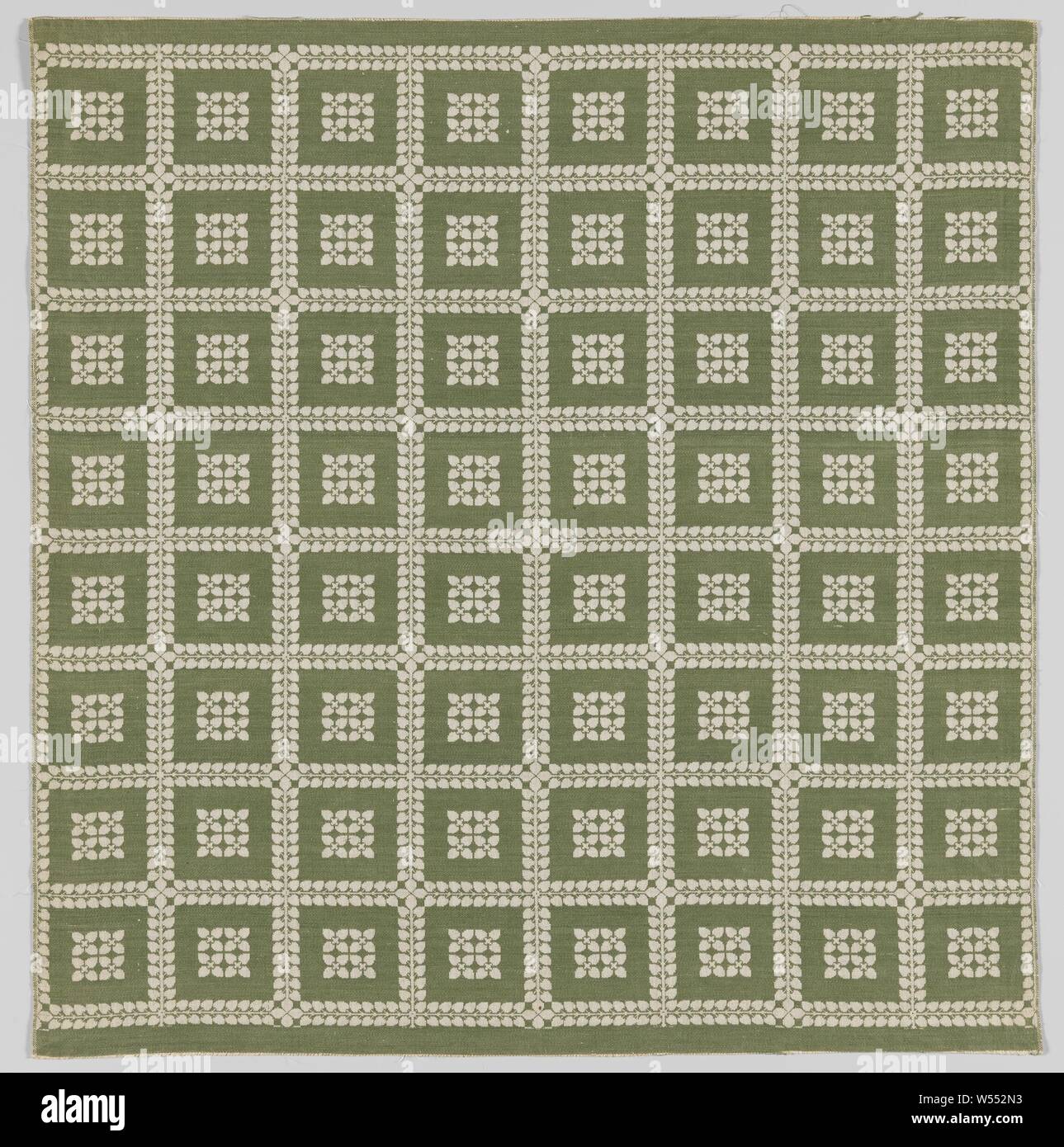 Steel mesh fabric from linen damask with diamond pattern of leaf vines, Steel fabric from linen damask with diamond pattern from leaf vines, inside which four flowers, in natural on a green ground., Chris Lebeau, Eindhoven, 1911 - 1915, linen (material), damask, h 58.5 cm × w 61.0 cm Stock Photo