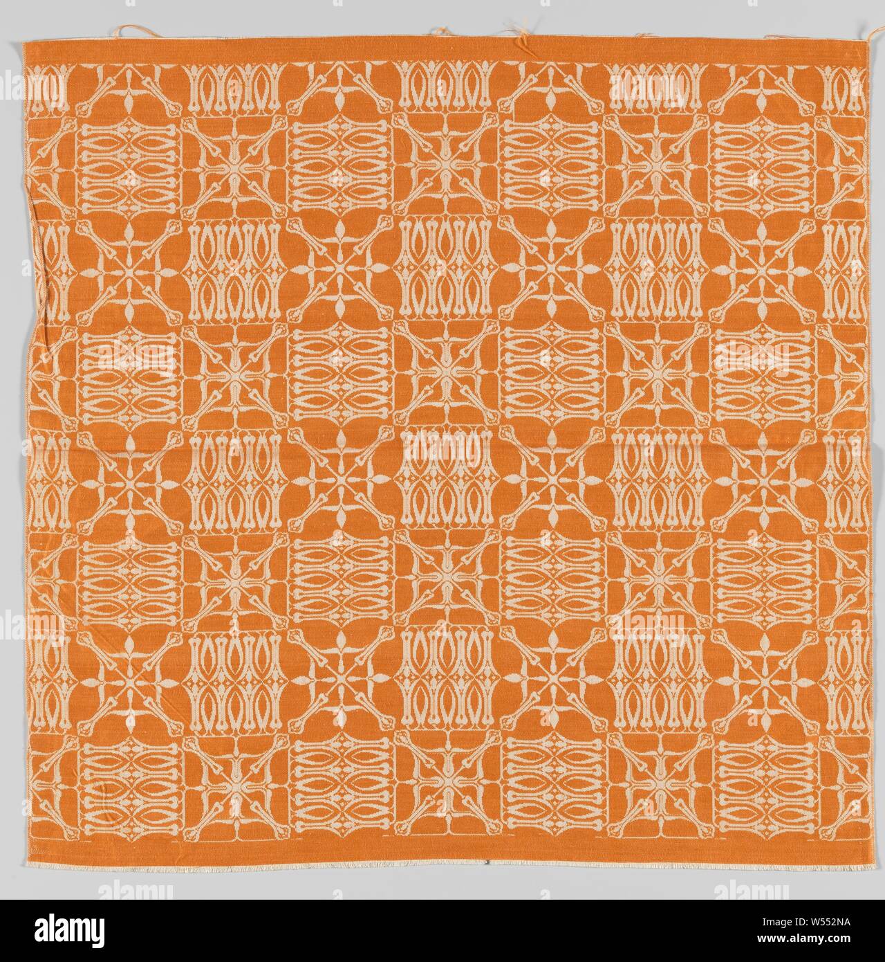 Steel fabric of linen damask with nail flowers, Steel fabric of linen damask with a stylized pattern of nail flowers in white on an orange ground., Chris Lebeau, Eindhoven, 1911 - 1915, linen (material), damask, h 56.5 cm × w 57.2 cm Stock Photo