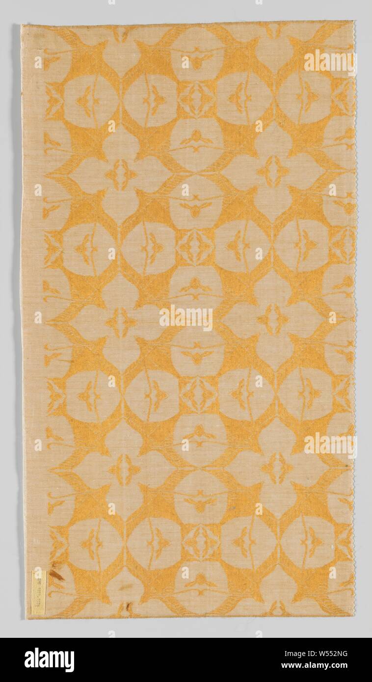 Steel mesh fabric from linen damask with design of swallows and bees, Steel fabric from linen damask with design of swallows and bees in natural on a yellow-orange ground., Chris Lebeau, Eindhoven, 1911 - 1915, linen (material), damask, h 32.0 cm × w 57.0 cm Stock Photo