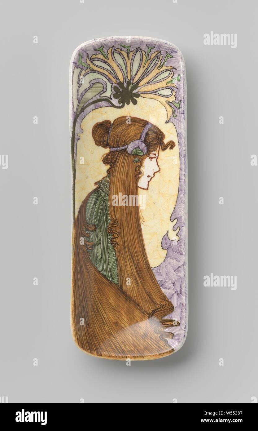 Container Painted With A Female Figure In Profile Ceramic Pottery Rectangular With Rounded Corners Painted With A Female Figure In Profile And Half Length With Long Hair In Green Brown Red And Purple