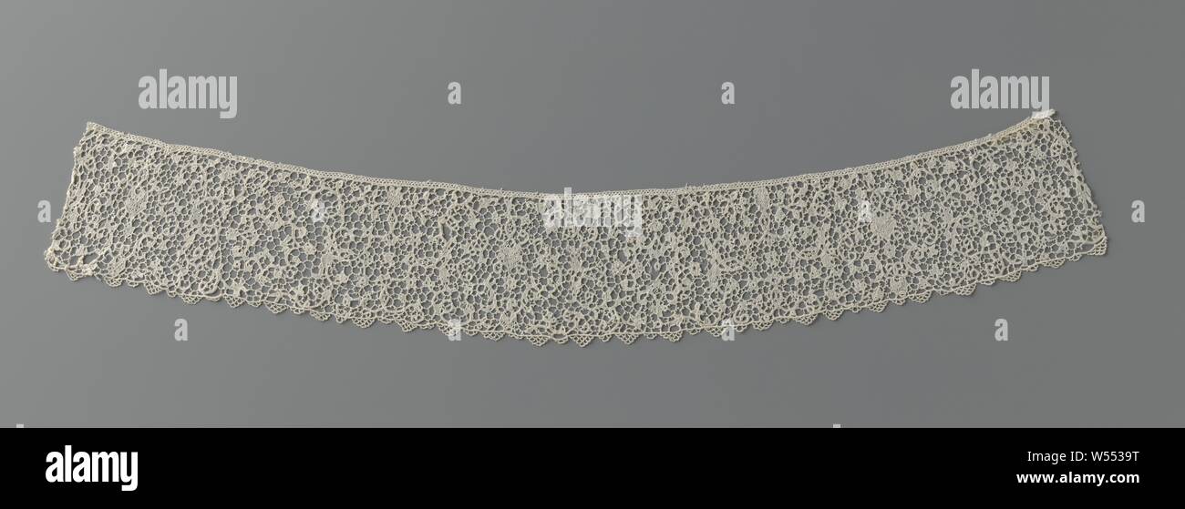 Strip of needle lace with three medallion motifs and tendrils, Strip of natural colored needle lace: point de France. In an apparent maze of volutes and flower buds different symmetrical compositions can be distinguished, including volutes that form cartouches and that surround a rosette flower or further down a heart with a rosette flower underneath. The motifs are made with festival stitches and decorative stitches. Very light relief has been achieved by the way in which a part of the volutes is made and around the flat fixed motifs. The motifs are connected to each other by painted bars Stock Photo