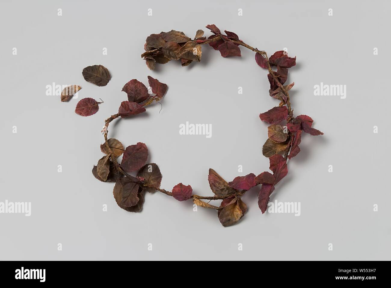 Autumn red and brown leaves wreath, Autumn red and brown leaves of synthetic silk, iron wire wrapped branches. Hat garment or corsage., anonymous, Netherlands (possibly), c. 1900 - c. 1910, bladeren, tak, l 55 cm × h 4 cm × w 6 cm Stock Photo