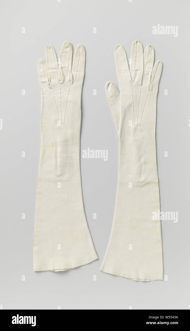 Glove Of White Chamois Leather With Three Mother Of Pearl Buttons Right Glove Of Wax Leather At The Wrist A Split Edged With White Leather And Three Mother Of Pearl Buttons Marked M Laimbock From Illegible