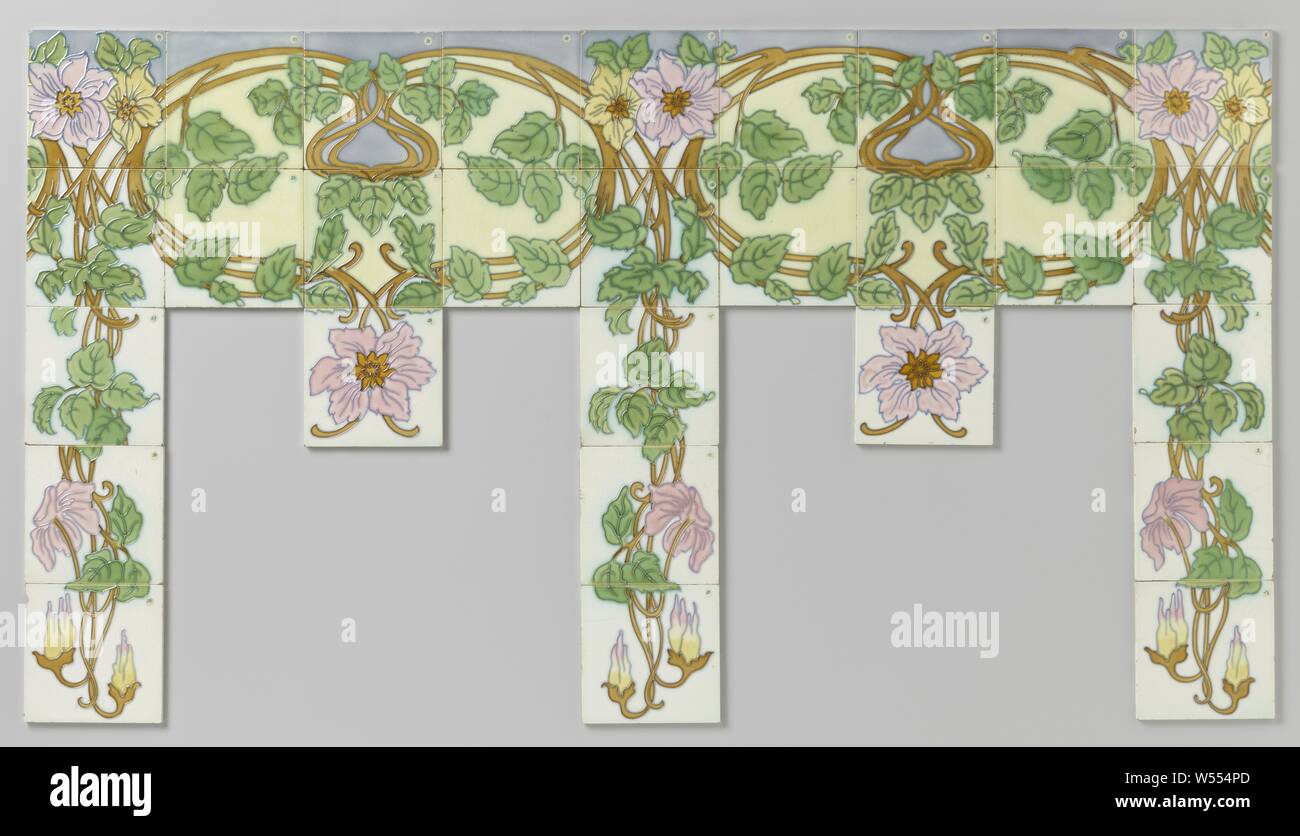 Part of a tile paneling with clematis, Tile panel consisting of twenty-nine tiles, decorated in relief with pink and yellow flowers (clematis), brown-yellow branches with green leaves, partly on a yellow or a dove-gray background. The drawing is in relief, cloisonné technique. The third tile on the left, calculated from above, does not fit in the pattern. A number of white, not decorated tiles is missing. Model number 5820., Gilliot & Cie Manufactures Céramiques d’Hemixem, c. 1904, earthenware, h 76.5 cm × w 138.0 cm l 15.2 cm × w 15.2 cm t 1 cm Stock Photo